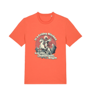 orange funny offensive t-shirt with the graphic of jesus riding a unicorn and the slogan 'it's friday bitches let the shenangans begin'
