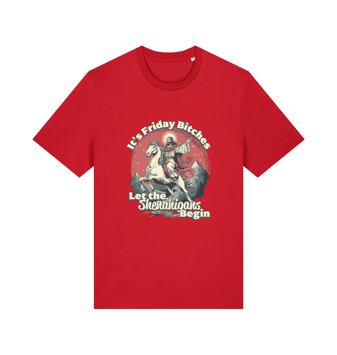 red funny offensive t-shirt with the graphic of jesus riding a unicorn and the slogan 'it's friday bitches let the shenangans begin'
