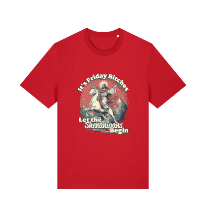 red funny offensive t-shirt with the graphic of jesus riding a unicorn and the slogan 'it's friday bitches let the shenangans begin'