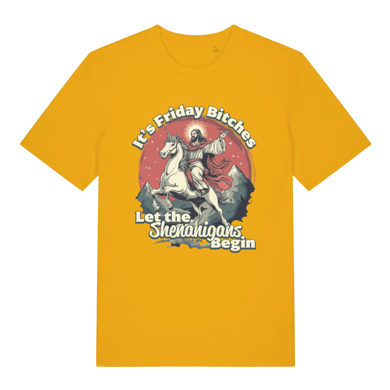 Spectra Yellow Friday Shenanigans T-shirt flat lay displaying Jesus on unicorn weekend slogan