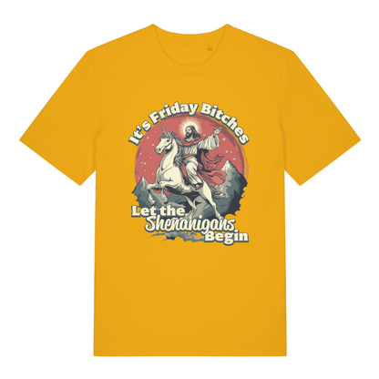 Spectra Yellow Friday Shenanigans T-shirt flat lay displaying Jesus on unicorn weekend slogan