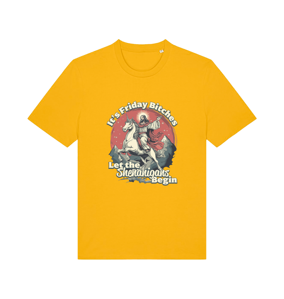 yellow funny offensive t-shirt with the graphic of jesus riding a unicorn and the slogan 'it's friday bitches let the shenangans begin'