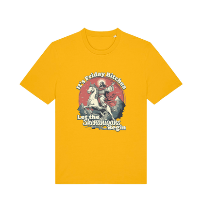 yellow funny offensive t-shirt with the graphic of jesus riding a unicorn and the slogan 'it's friday bitches let the shenangans begin'