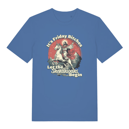 blue funny jesus t-shirt with the graphic of jesus riding a unicorn and the slogan 'it's friday bitches let the shenanigans begin'