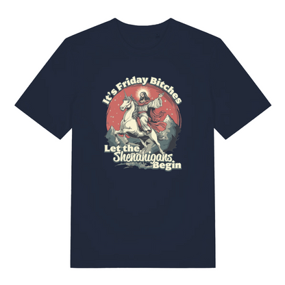 navy funny jesus t-shirt with the graphic of jesus riding a unicorn and the slogan 'it's friday bitches let the shenanigans begin'