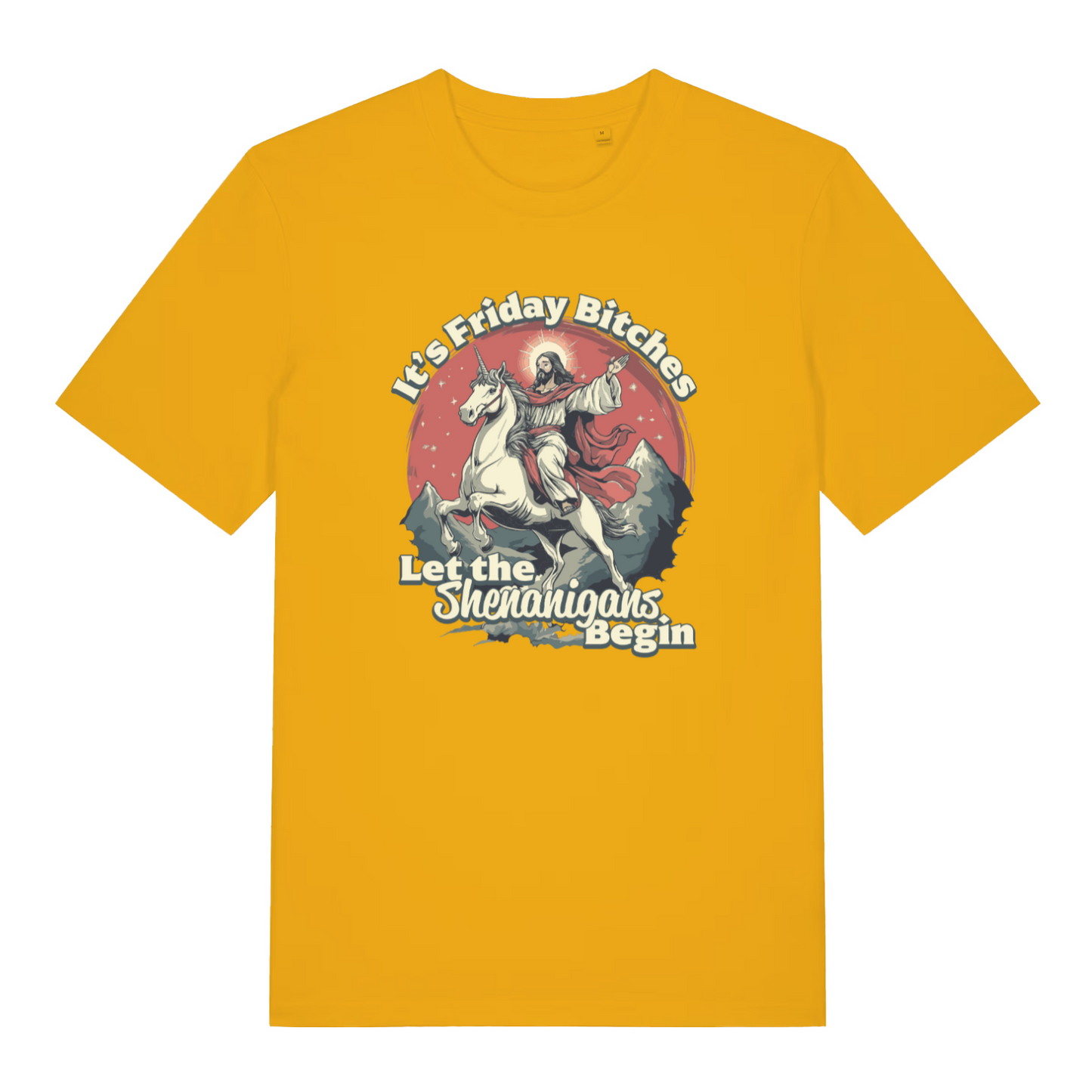 yellow funny jesus t-shirt with the graphic of jesus riding a unicorn and the slogan 'it's friday bitches let the shenanigans begin'