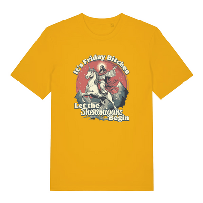 yellow funny jesus t-shirt with the graphic of jesus riding a unicorn and the slogan 'it's friday bitches let the shenanigans begin'