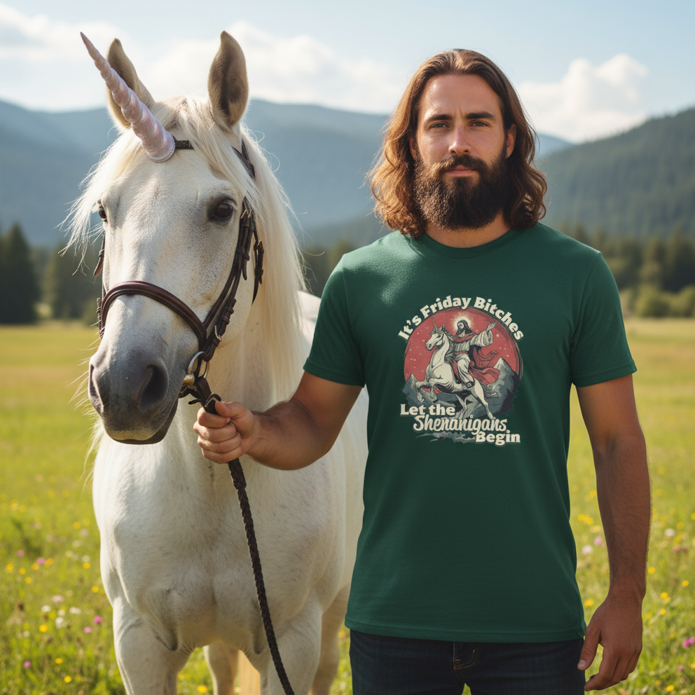 Man holding a unicorn in a field with mountains in the background whilst wearing a funny graphic t-shirt