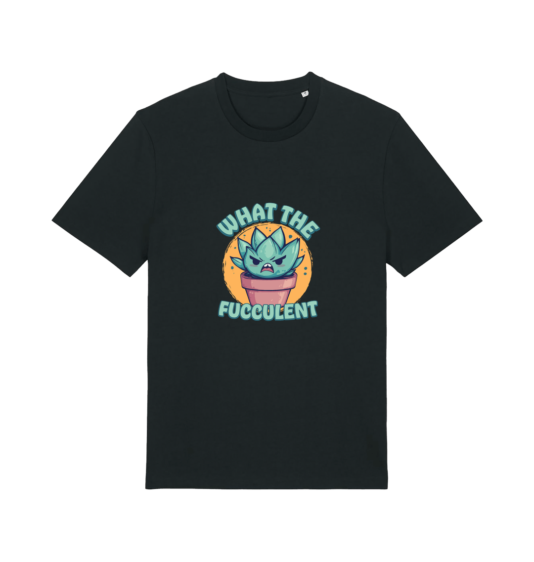black kawaii t-shirt with the graphic of a potted plant and the slogan 'fucculent'