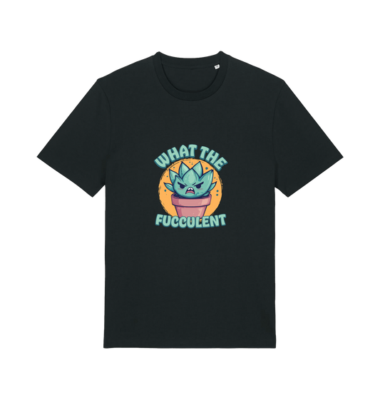 black kawaii t-shirt with the graphic of a potted plant and the slogan 'fucculent'
