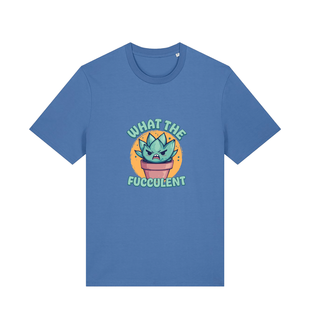 blue kawaii t-shirt with the graphic of a potted plant and the slogan 'fucculent'