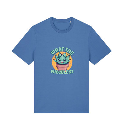 blue kawaii t-shirt with the graphic of a potted plant and the slogan 'fucculent'