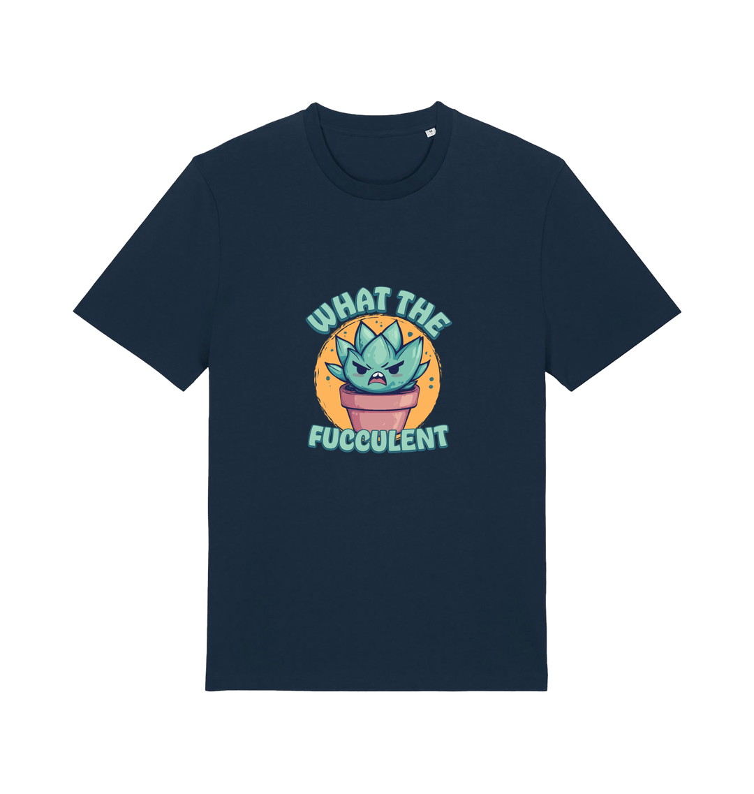 navy kawaii t-shirt with the graphic of a potted plant and the slogan 'fucculent'
