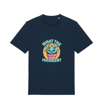 navy kawaii t-shirt with the graphic of a potted plant and the slogan 'fucculent'