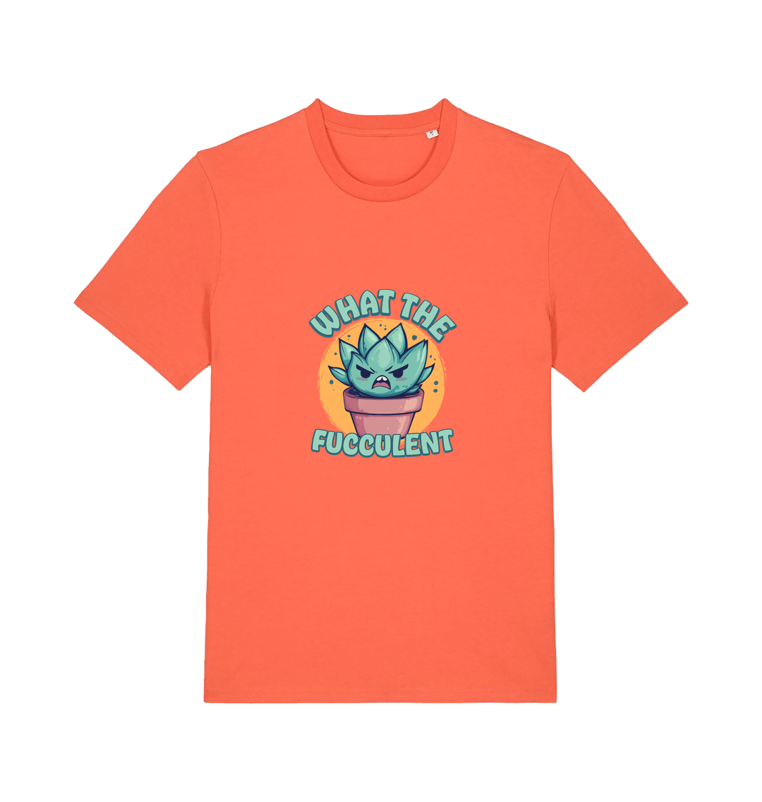 orange kawaii t-shirt with the graphic of a potted plant and the slogan 'fucculent'