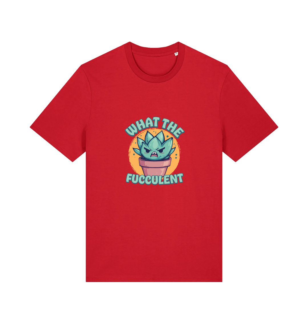 red kawaii t-shirt with the graphic of a potted plant and the slogan 'fucculent'