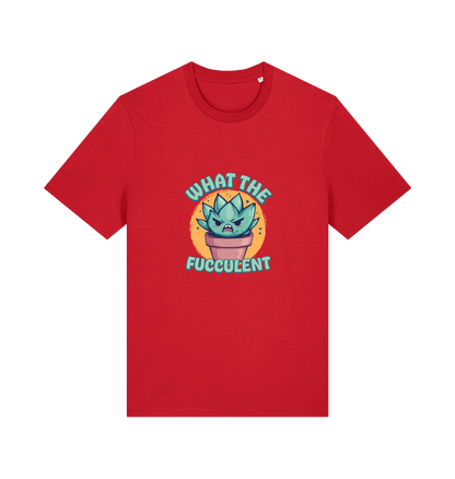 red kawaii t-shirt with the graphic of a potted plant and the slogan 'fucculent'