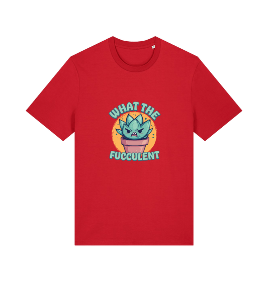 red kawaii t-shirt with the graphic of a potted plant and the slogan 'fucculent'