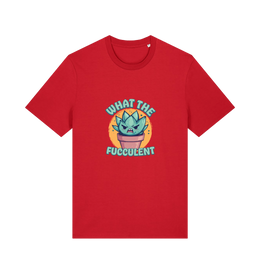 red kawaii t-shirt with the graphic of a potted plant and the slogan 'fucculent'