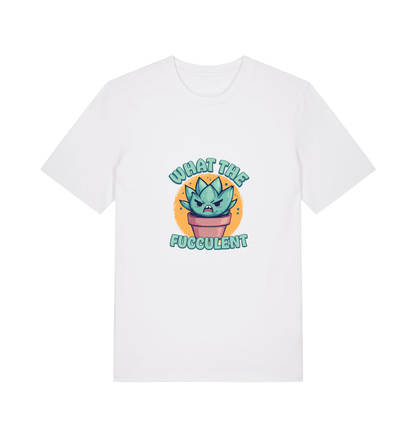 white kawaii t-shirt with the graphic of a potted plant and the slogan 'fucculent'