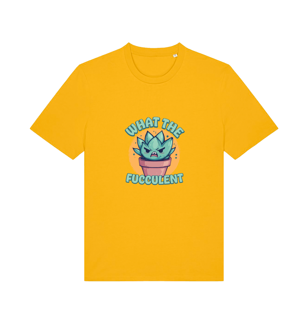 yellow kawaii t-shirt with the graphic of a potted plant and the slogan 'fucculent'