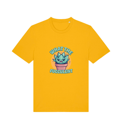 yellow kawaii t-shirt with the graphic of a potted plant and the slogan 'fucculent'