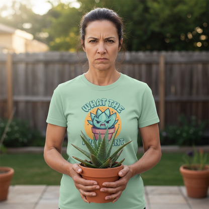 Woman wearing a green funny offensive t-shirt with a graphic design of a succulent, holding a potted plant outdoors.