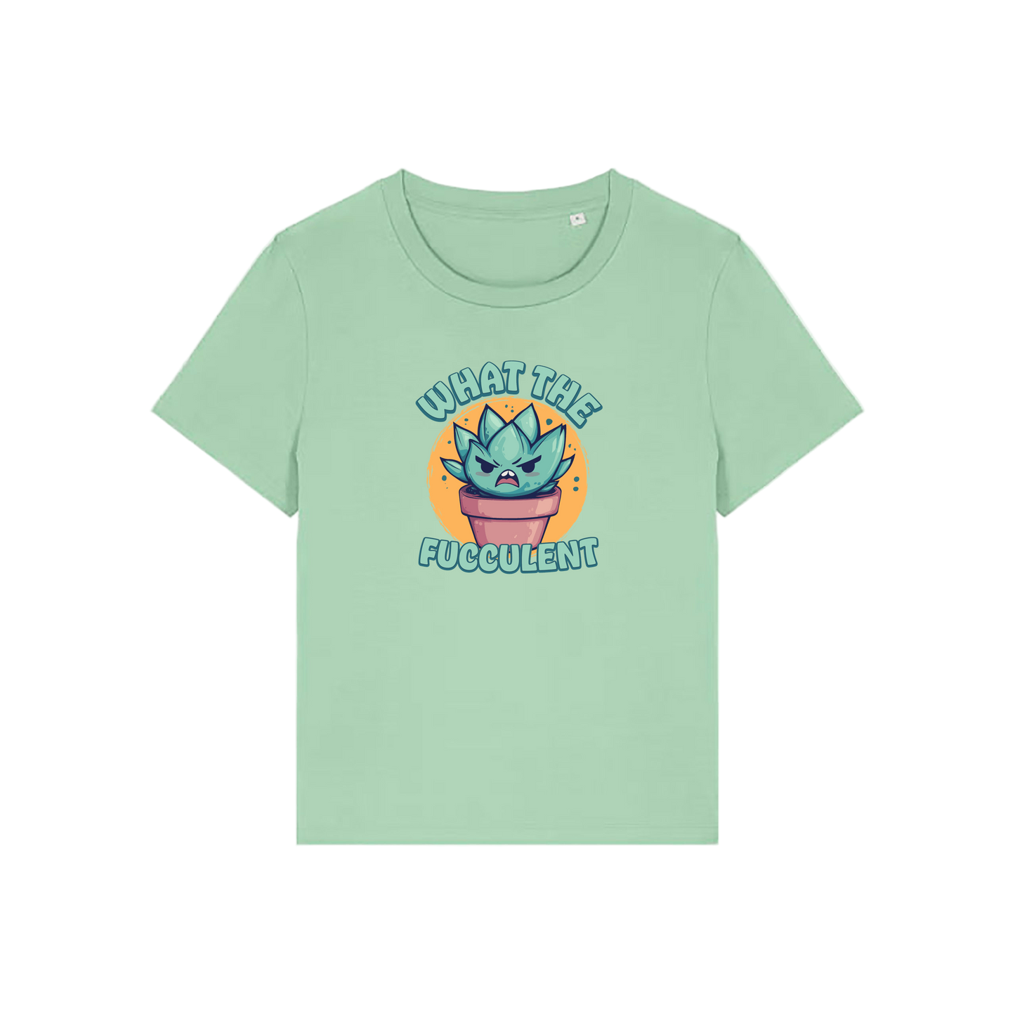 green funny offensive t-shirt with the graphic of a succulent and the slogan 'what the fucculent'