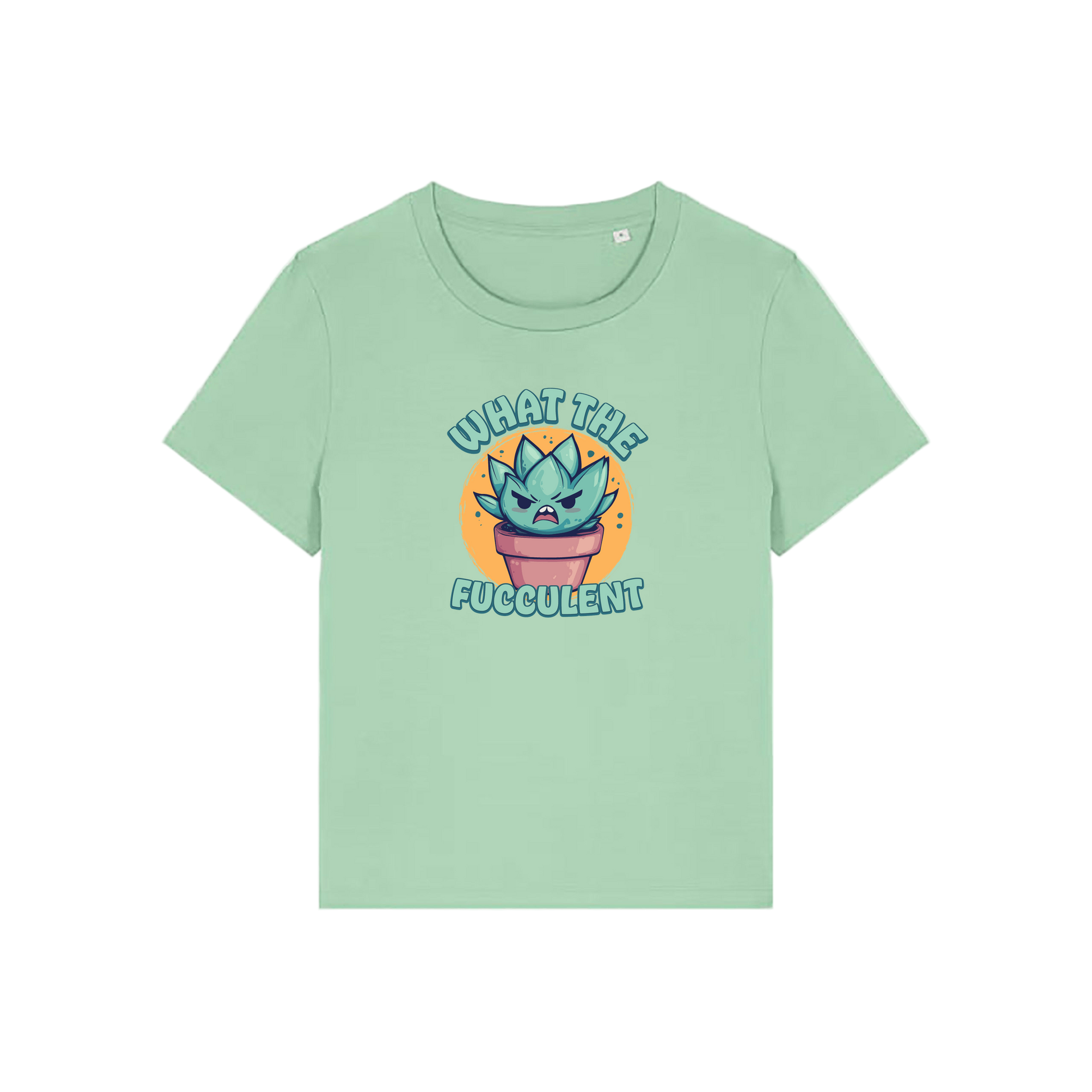 green funny offensive t-shirt with the graphic of a succulent and the slogan 'what the fucculent'