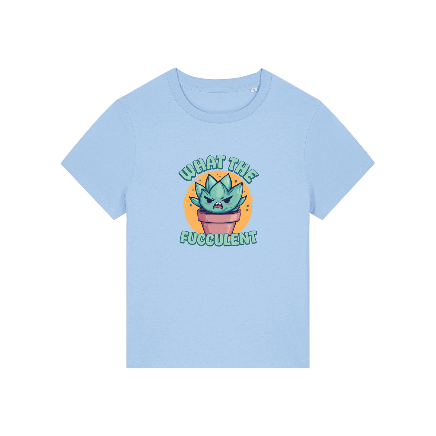 light blue funny offensive t-shirt with the graphic of a succulent and the slogan 'what the fucculent'