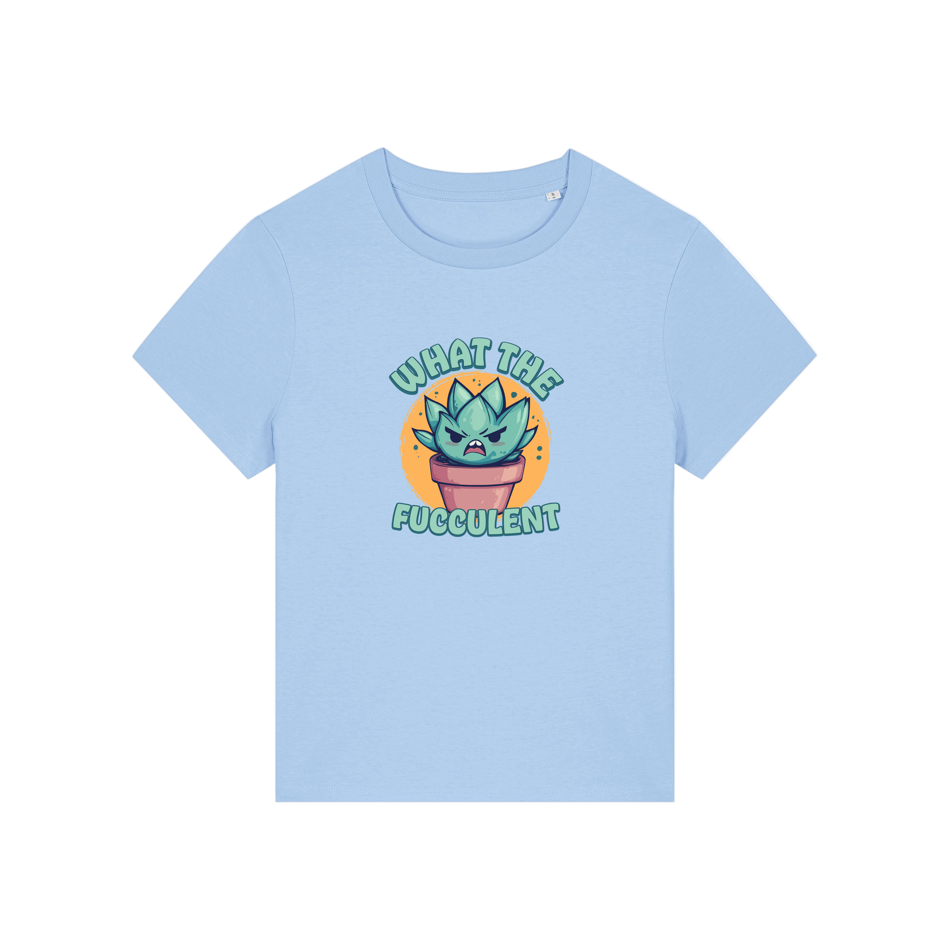light blue funny offensive t-shirt with the graphic of a succulent and the slogan 'what the fucculent'