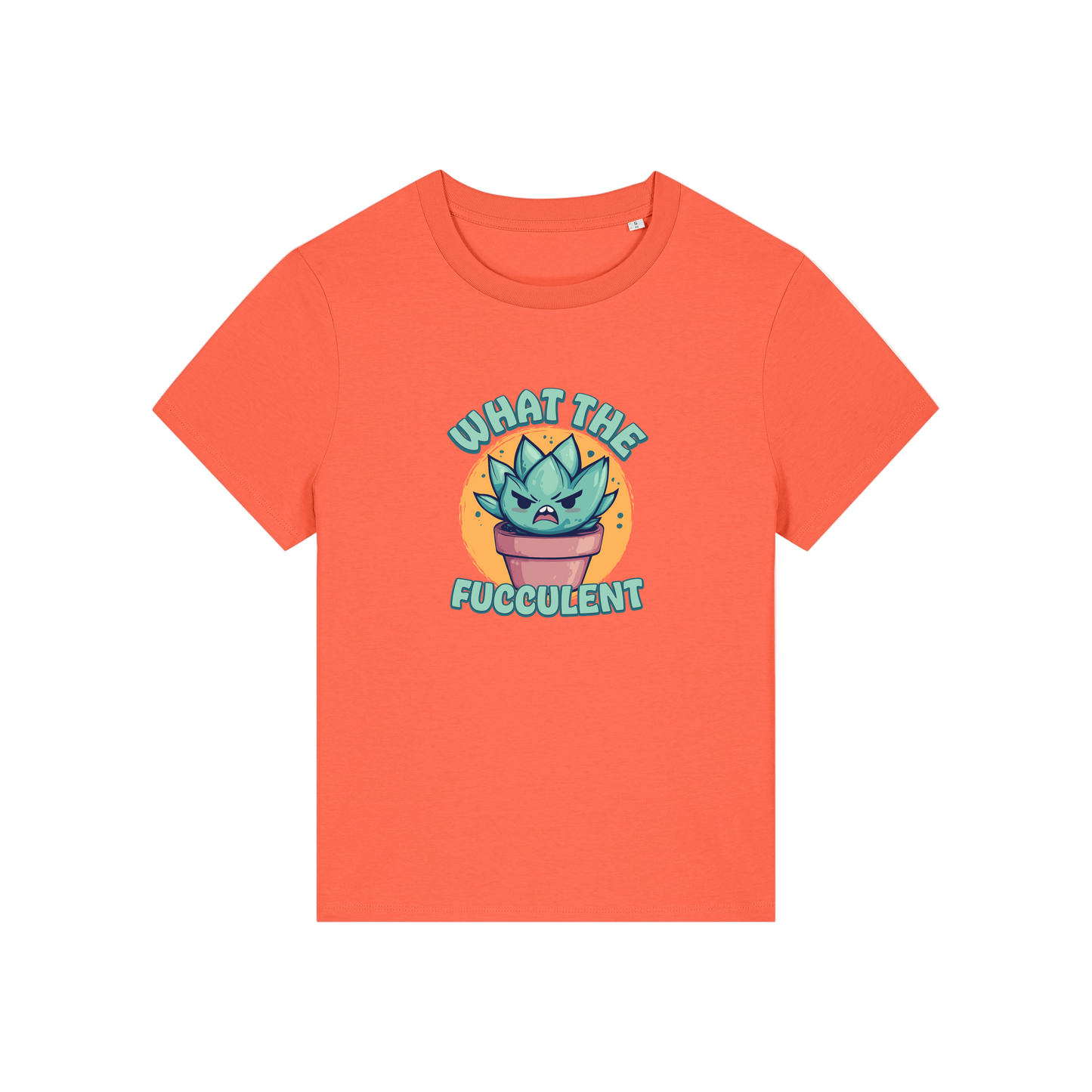 orange funny offensive t-shirt with the graphic of a succulent and the slogan 'what the fucculent'