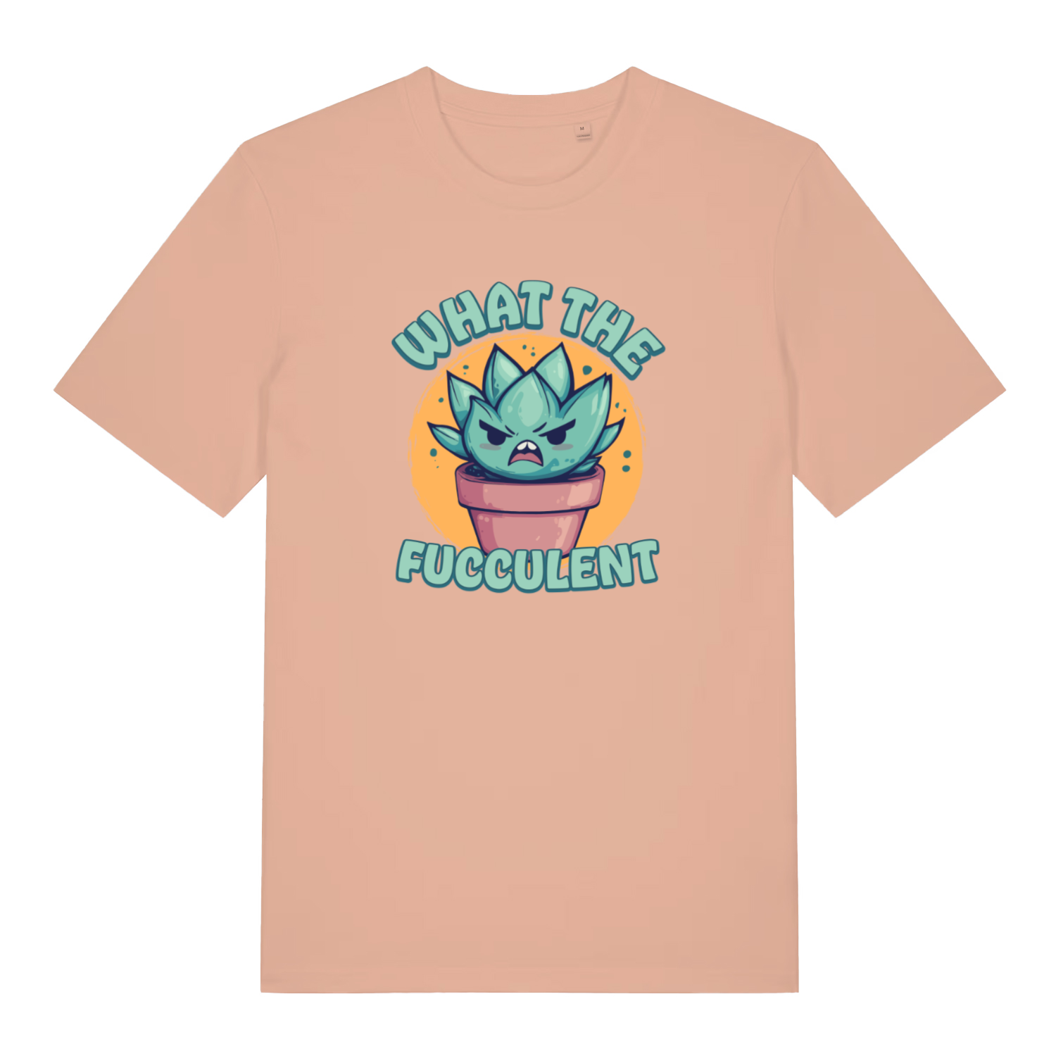 peach women's funny offensive t-shirt with the graphic of a succulent plant and the slogan 'what the fucculent'