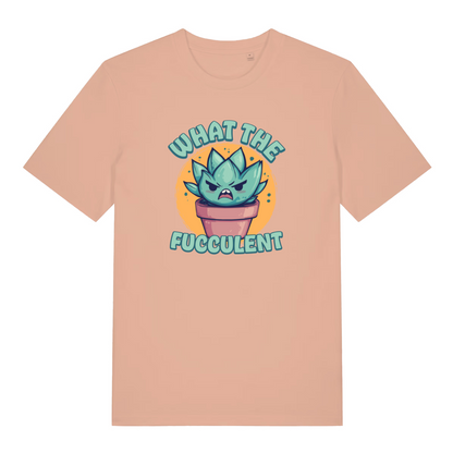 peach women's funny offensive t-shirt with the graphic of a succulent plant and the slogan 'what the fucculent'