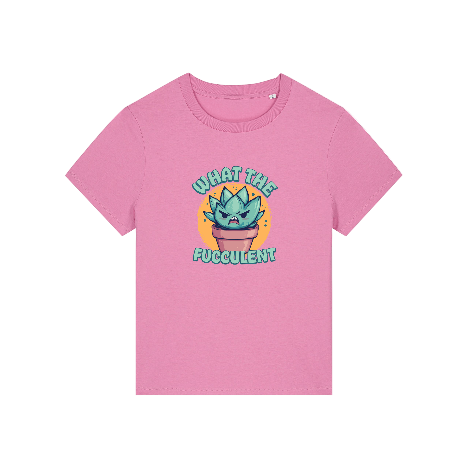 pink funny offensive t-shirt with the graphic of a succulent and the slogan 'what the fucculent'