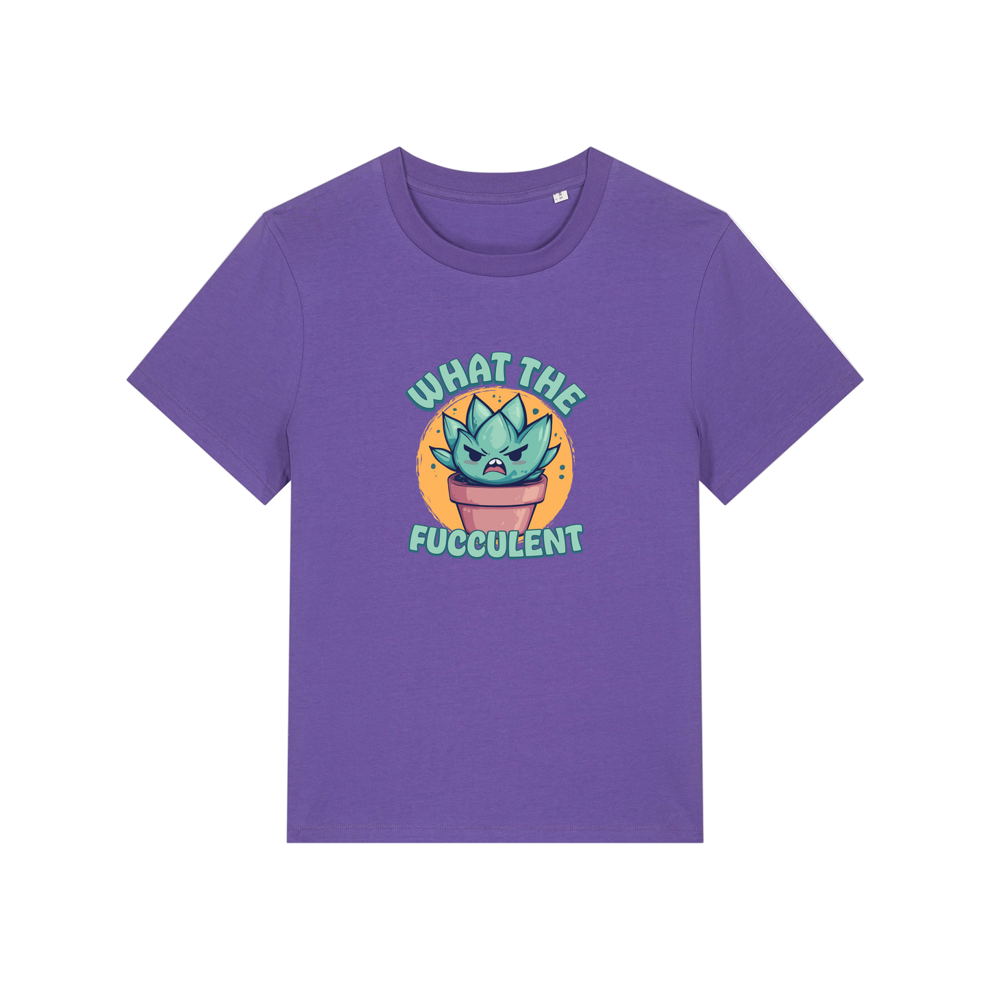 purple funny offensive t-shirt with the graphic of a succulent and the slogan 'what the fucculent'
