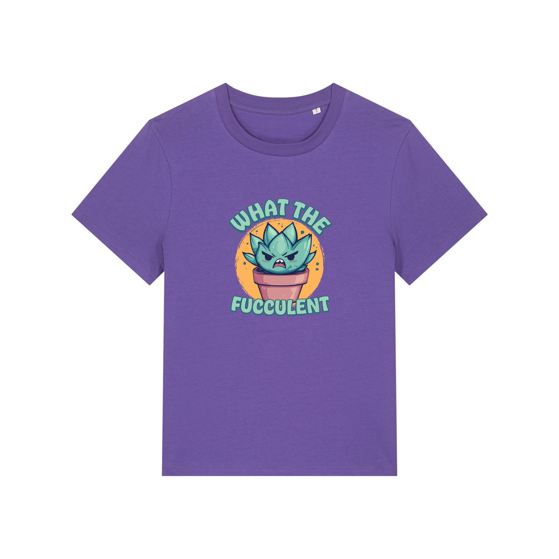 purple funny offensive t-shirt with the graphic of a succulent and the slogan 'what the fucculent'