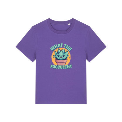 purple funny offensive t-shirt with the graphic of a succulent and the slogan 'what the fucculent'