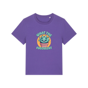 purple funny offensive t-shirt with the graphic of a succulent and the slogan 'what the fucculent'