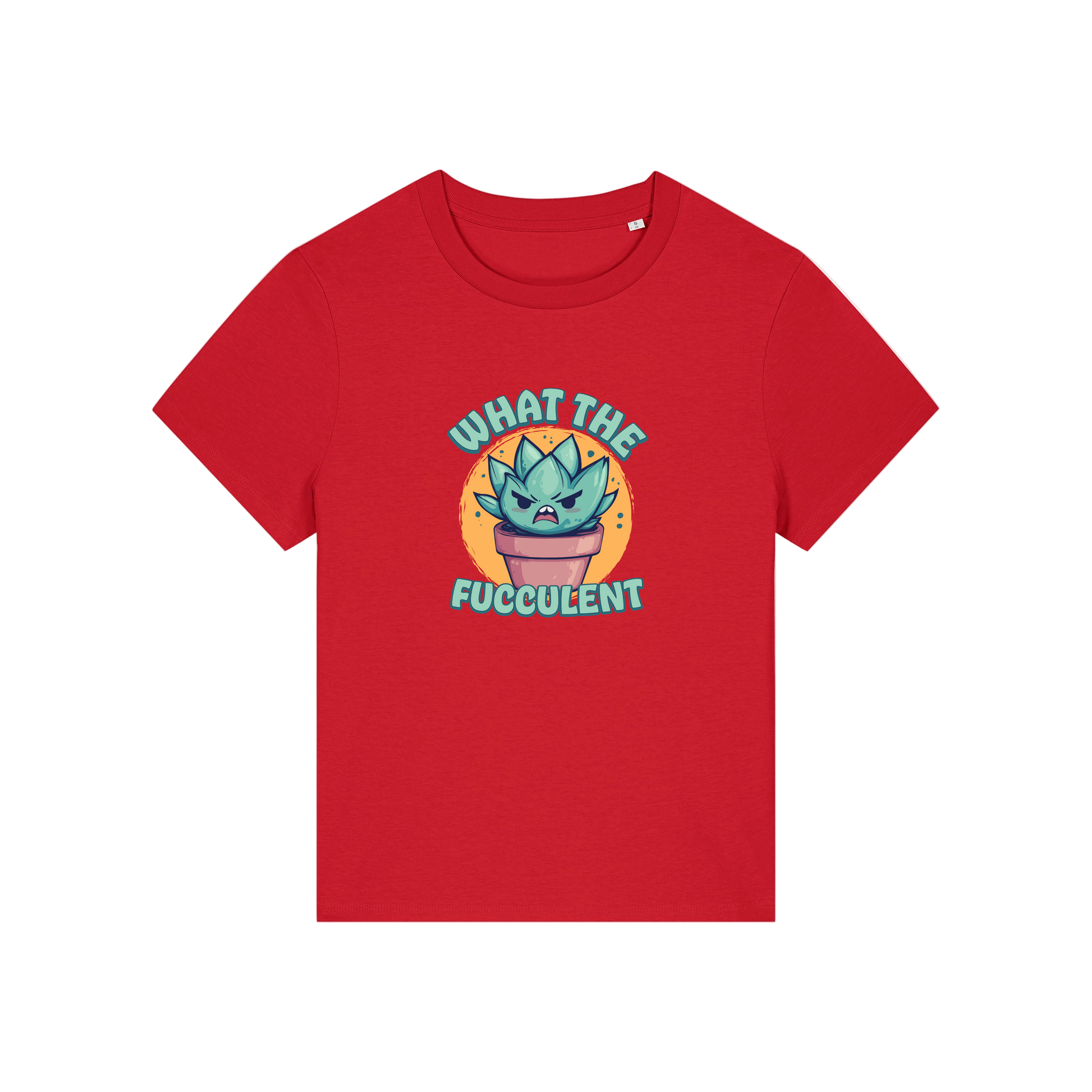 red funny offensive t-shirt with the graphic of a succulent and the slogan 'what the fucculent'