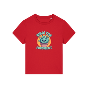 red funny offensive t-shirt with the graphic of a succulent and the slogan 'what the fucculent'