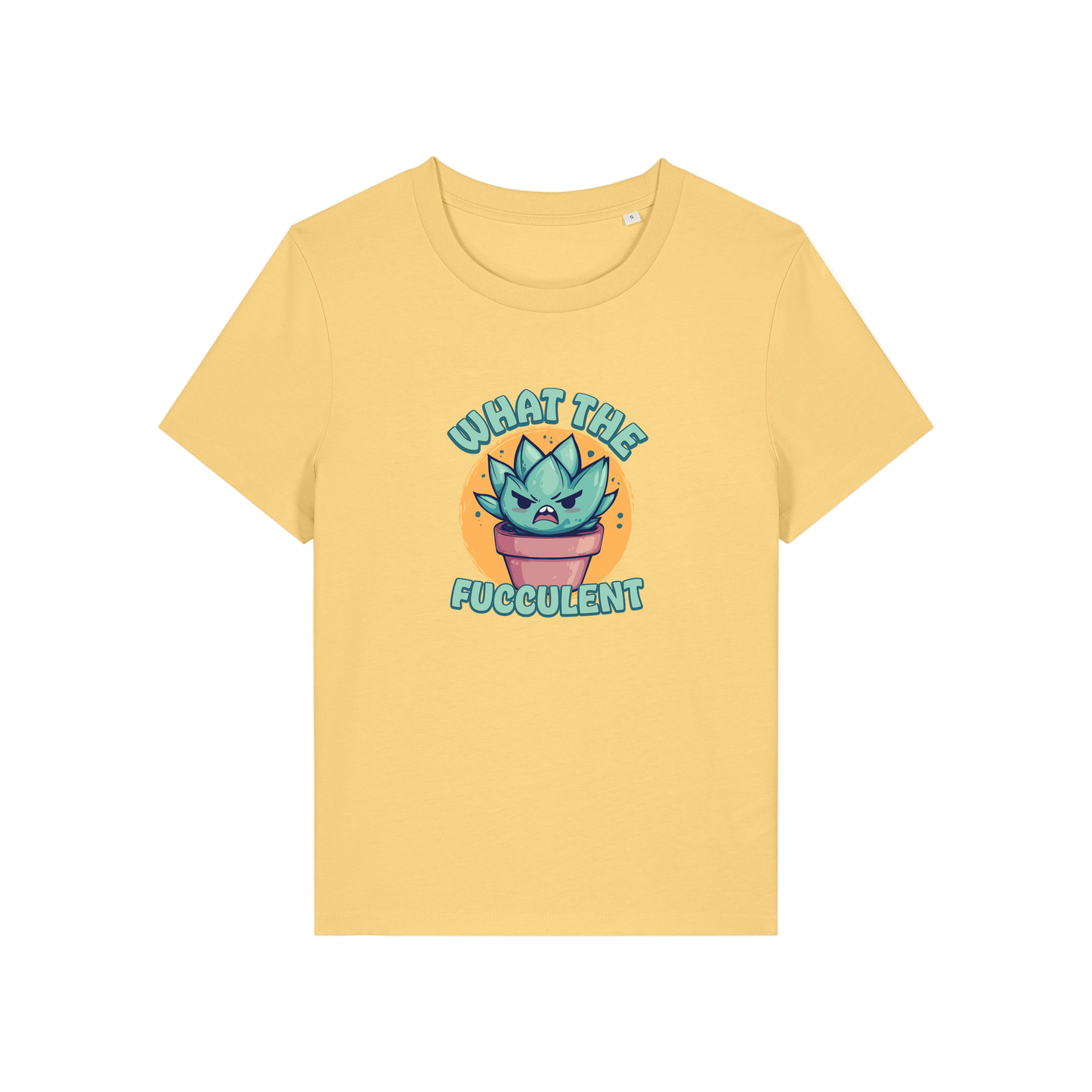 yellow funny offensive t-shirt with the graphic of a succulent and the slogan 'what the fucculent'