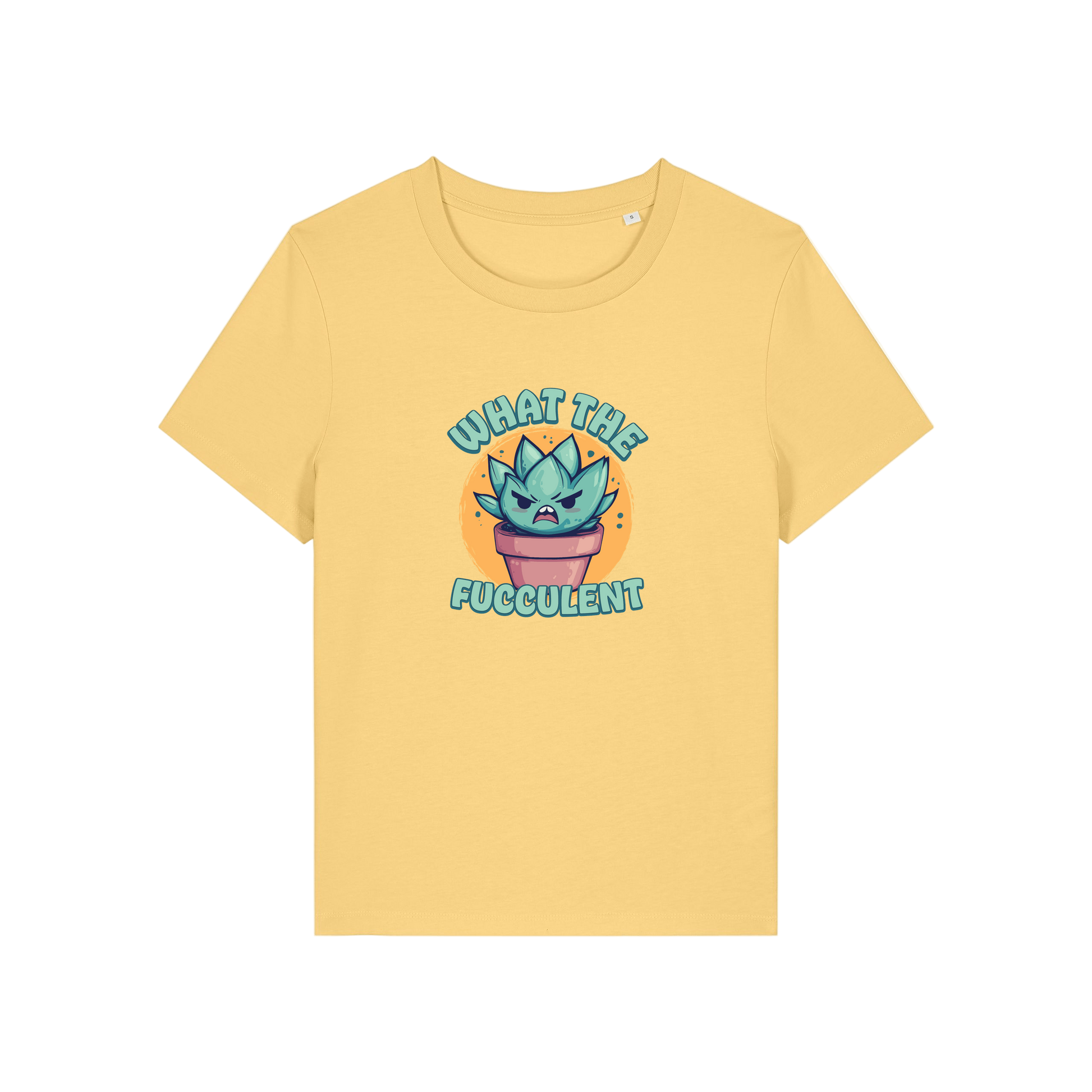 yellow funny offensive t-shirt with the graphic of a succulent and the slogan 'what the fucculent'