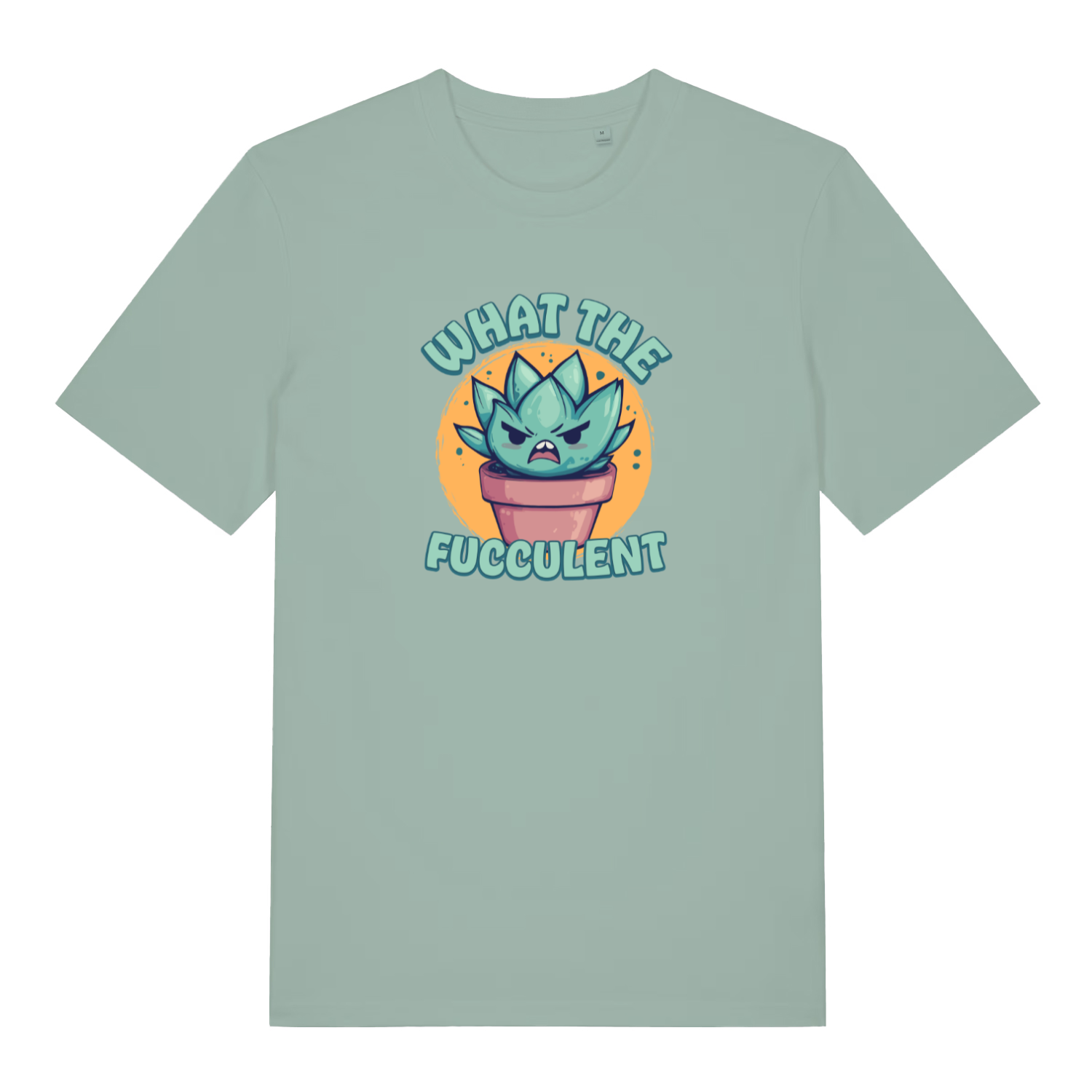 Light green kawaii t-shirt with a graphic design of a cactus and the slogan 'what the fucculent'