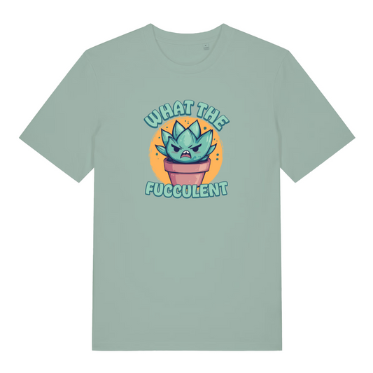 Light green kawaii t-shirt with a graphic design of a cactus and the slogan 'what the fucculent'