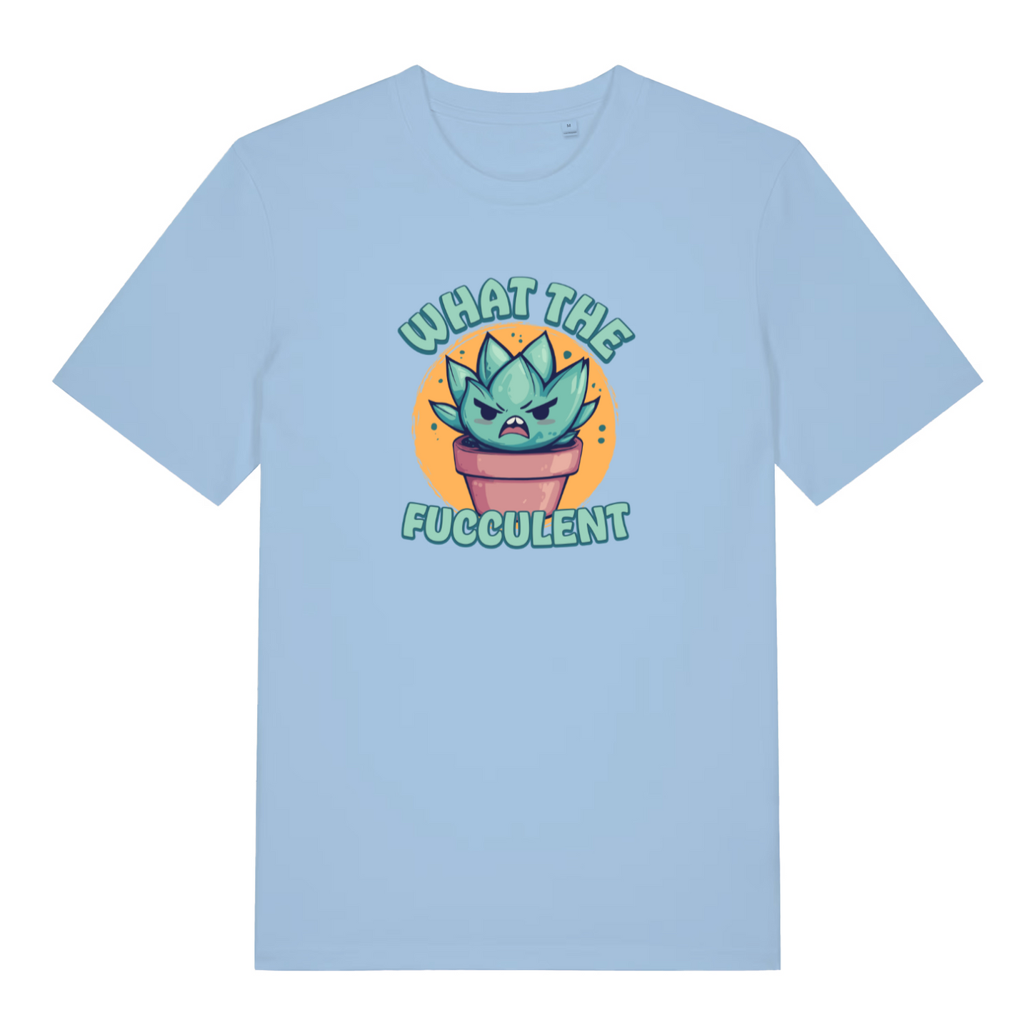 light blue kawaii t-shirt with a graphic design of a cactus and the slogan 'what the fucculent'