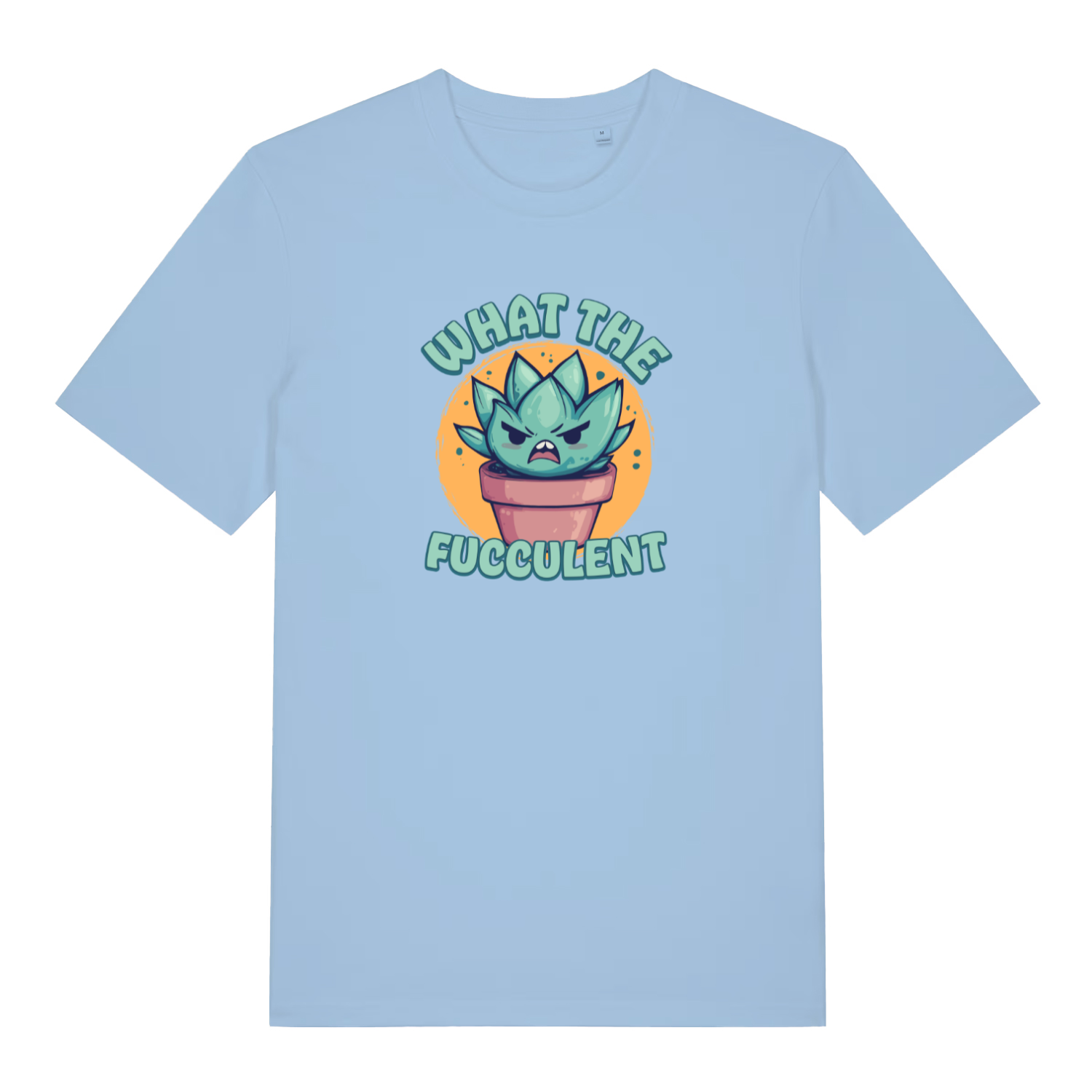 light blue kawaii t-shirt with a graphic design of a cactus and the slogan 'what the fucculent'