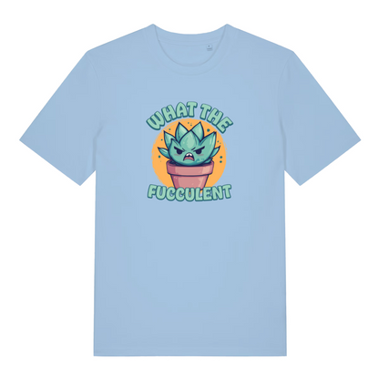 light blue kawaii t-shirt with a graphic design of a cactus and the slogan 'what the fucculent'