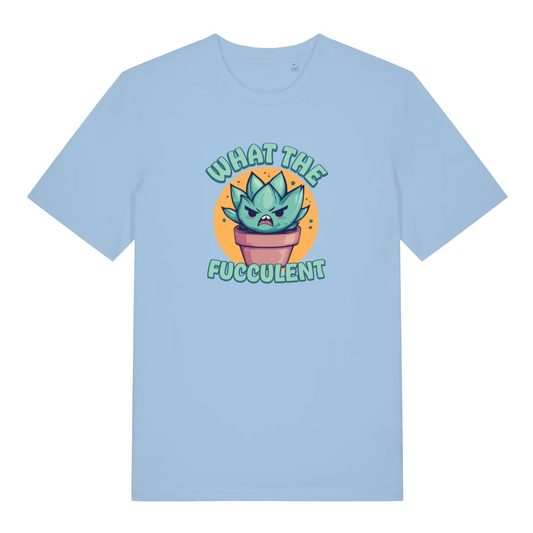 light blue kawaii t-shirt with a graphic design of a cactus and the slogan 'what the fucculent'