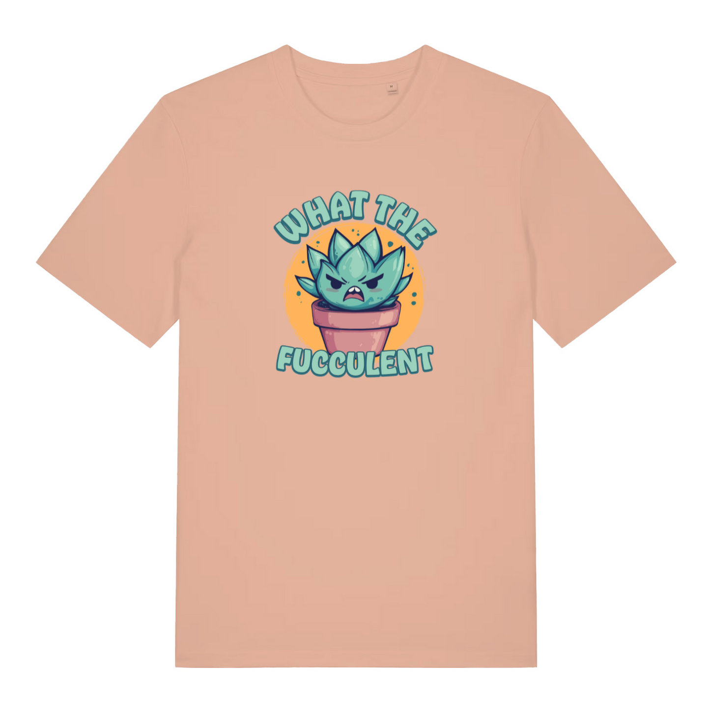 peach kawaii t-shirt with a graphic design of a cactus and the slogan 'what the fucculent'